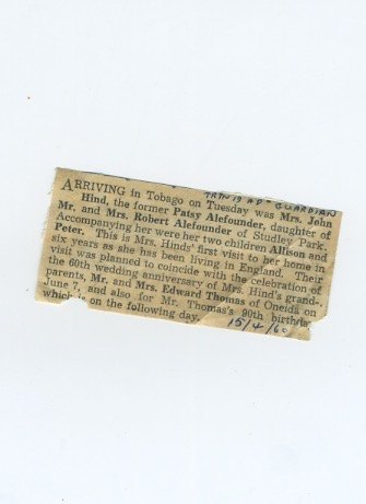 Newspaper notice: Patsy Hind's visit to Tobago